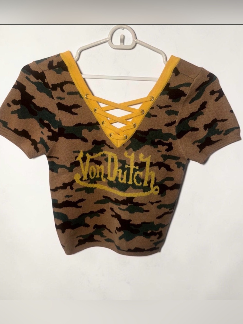 Von Dutch Camo Lace-Up V-Neck Top. Fits an XS to Small.